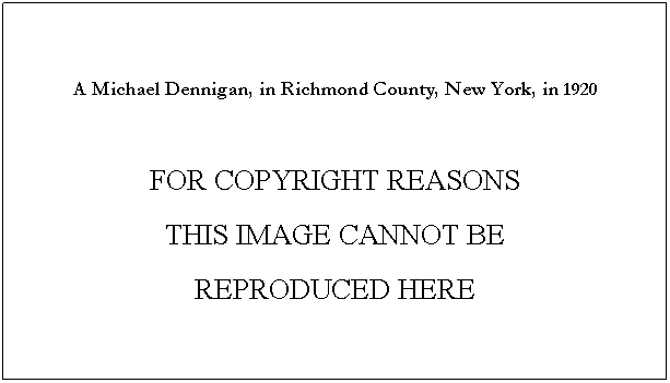 Text Box: A Michael Dennigan, in Richmond County, New York, in 1920

FOR COPYRIGHT REASONS
THIS IMAGE CANNOT BE 
REPRODUCED HERE
